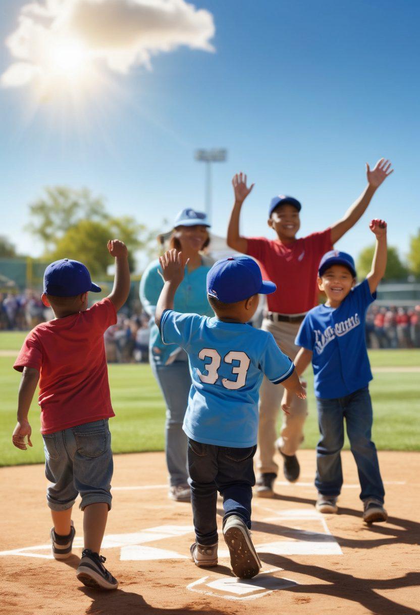 A sunny baseball diamond filled with diverse players celebrating a home run, showcasing joy and camaraderie. In the foreground, children of various ethnicities are playing, while parents cheer from the sidelines. Softly blurred background features a vibrant blue sky and cheering fans. Include a baseball, glove, and cap to accentuate the theme of friendship. vibrant colors. super-realistic.