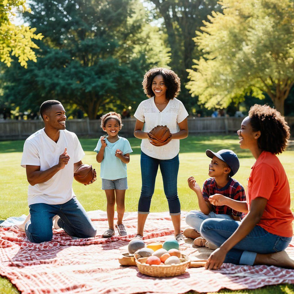 A heartwarming scene of a diverse family playing baseball together in a sunlit park, laughter and joy radiating from their faces as they share moments of fun. Include a cozy picnic setup nearby with a colorful blanket and snacks, while a vintage baseball bat and ball are prominently featured in the foreground. Capture the essence of friendship and tradition through their interactions and smiles. warm colors. super-realistic. dynamic composition.