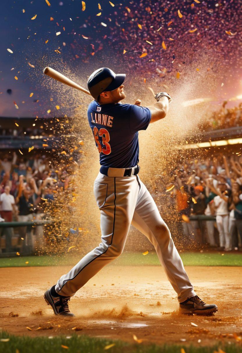 A dynamic baseball scene capturing the thrill of a home run, with a player swinging a bat amid a shower of confetti, the crowd erupting in cheers, vibrant colors illustrating the excitement and joy. Include a sunset backdrop casting a golden hue over the field, enhancing the dramatic atmosphere. super-realistic. vibrant colors. 3D.